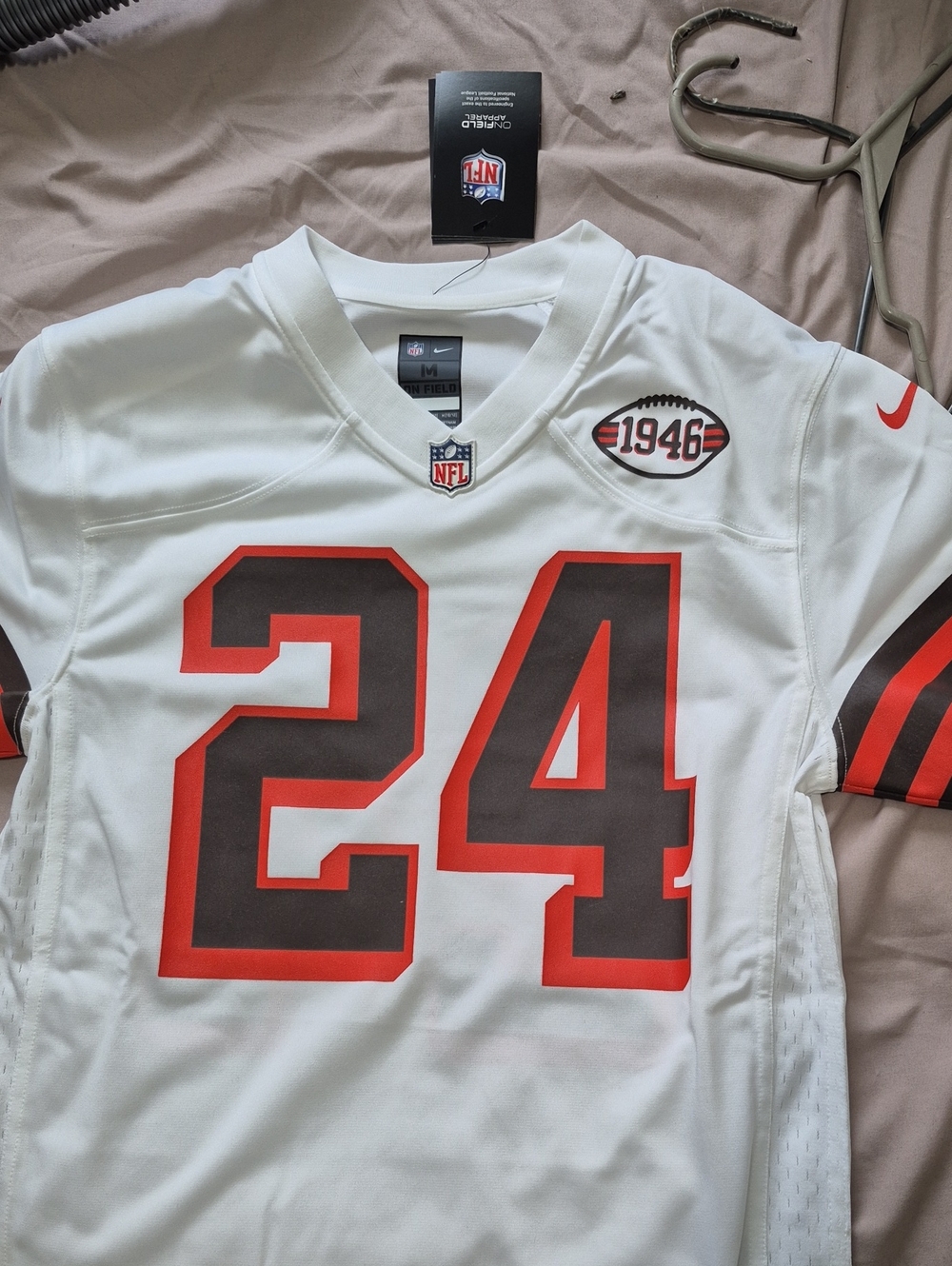 Nike White Football Jersey with Brown Numbers and Orange Trim #24